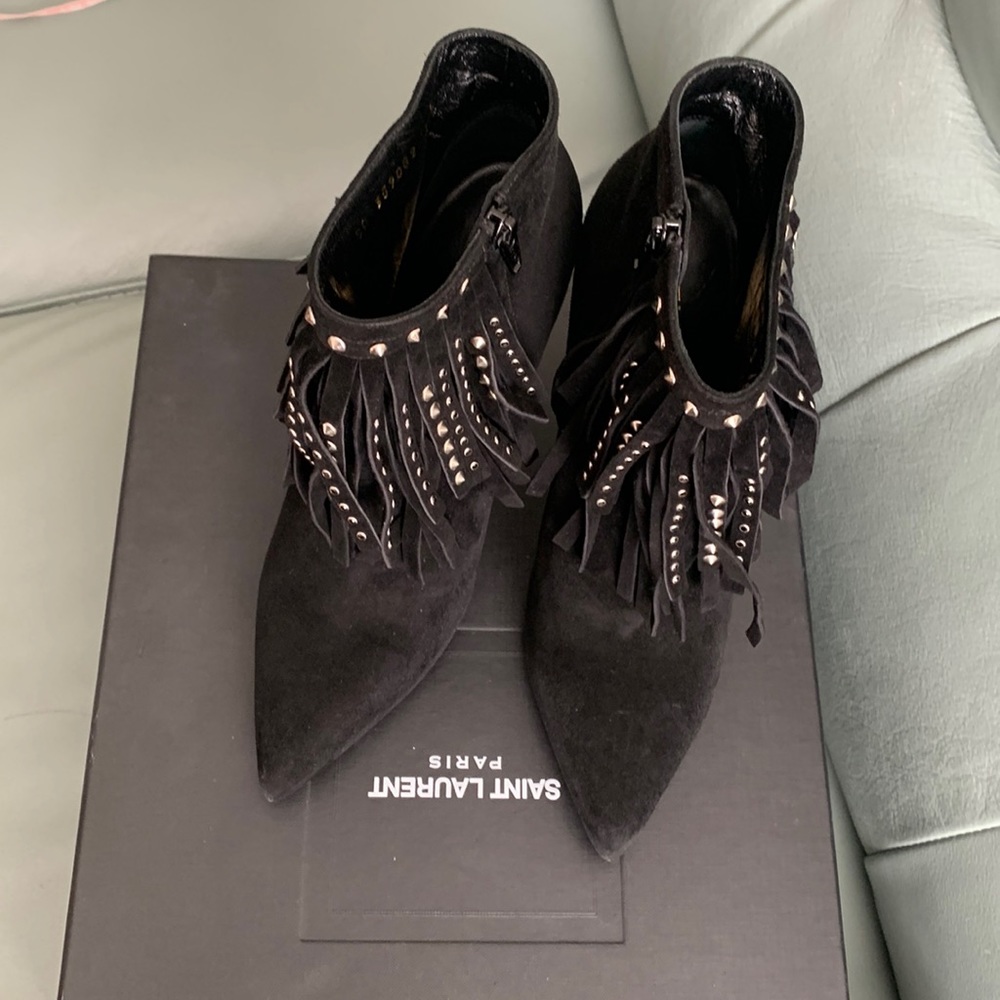 Saint Laurent Black Suede Studded-fringe Bootie - Picture 8 of 15